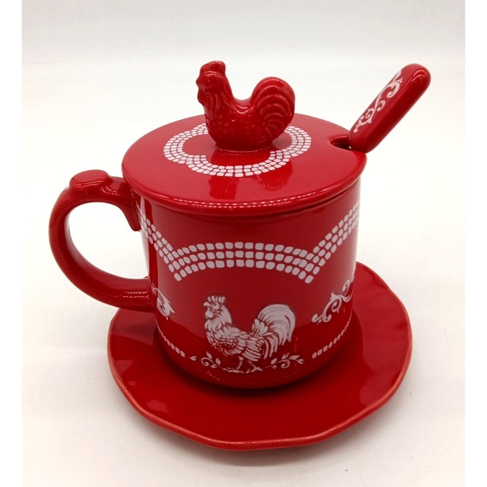 Temp-tations Doodle Doo Red Ceramic 20-oz Mug w/ Lid, Spoon & Coaster